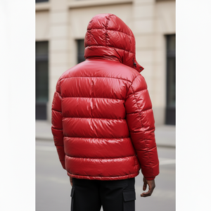 Veste bomber chauffante rouge brillante unisexe en polyester personnalisée, très vendue, taille plus pour homme, capuche amovible, imperméable, doublée de laine - Product Image 2