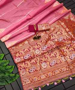Magnífico <span class=keywords><strong>Saree</strong></span> Banarasi con borde Zari y detalles impresos para bodas y recepciones