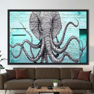 Tableau sur toile imprimé avec des pieuvres aux couleurs vives et des éléphants majestueux pour une décoration moderne, 1P : encadré noir - Product Image 1
