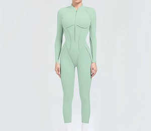 Combinaison de sport pour femme, gym, yoga, longueur entière, manches longues, spandex/nylon, demi-zip, trous pour les doigts, respirante, ajustée, nouveau design - Product Image 4