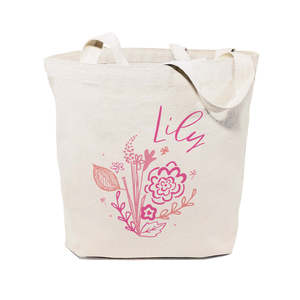Personalized for Pink Floral Cotton Canvas Tote Bag Polyester Lining Open Name Decoration-for All Spring Summer Autumn Winter - Product Image 1