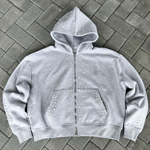 Survêtement personnalisé en coton 400GSM avec impression de strass pour hommes, streetwear, survêtement à fermeture éclair intégrale pour hommes, pantalon de survêtement court, sweat-shirt délavé à l'acide - Product Image 2