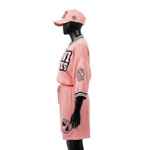 Ensemble short de baseball pour femme, polyester interlock de haute qualité, 180 g/m², rose pâle, logo brodé personnalisé, ensembles pour femmes - Product Image 3
