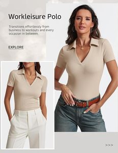 Polo de Manga Corta para Mujer, Color Beige, Tejido de Punto, Estilo Casual, Cuello en V, Mezcla de Algodón y Spandex, Transpirable, Corte Regular - Product Image 6