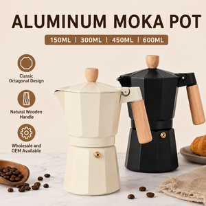 Cafetière Moka en aluminium noir pour cuisinière, avec poignée en bois, style italien, cafetière octogonale - Product Image 1