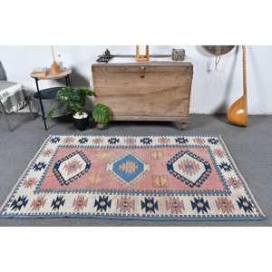 Alfombra de color azul Rosa bohemio turco Vintage, diseño de retazos de área grande de lana de 3,9x6 pies para pasillo, dormitorio, habitación de látex, mesita de noche - Product Image 1