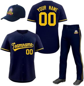 Ensemble d'uniformes de baseball unisexes personnalisés, bleu marine et jaune, maillot, pantalon et casquette imprimés par transfert thermique, nom et numéro de l'équipe, respirant, durable, 100% coton - Product Image 1