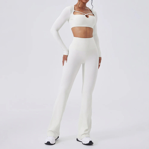 Traje de Yoga de manga larga sólido para mujer, chándal deportivo para gimnasio, entrenamiento, correr, con logotipo frontal, cintura elástica, conjunto de ropa deportiva elegante - Product Image 5