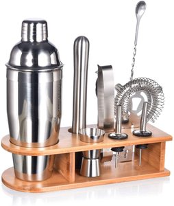 Luxury Premium Stainless Steel <b>Bar</b> Ware Tools Set of 9 Pcs with Gold Plating & Wooden Stand - Product Image 1