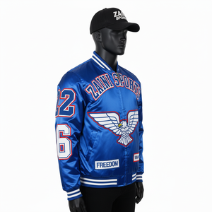 Chaqueta de Satén Premium de 220 GSM Azul Brillante con Paneles de Hombro Limpios y Diseño de Logotipo Bordado Personalizado Chaqueta de Satén para Hombre - Product Image 3