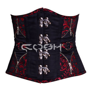 Black Satin With Floral Brocade <b>Corset</b> With Swing Clasps and Side Zippers - Product Image 1