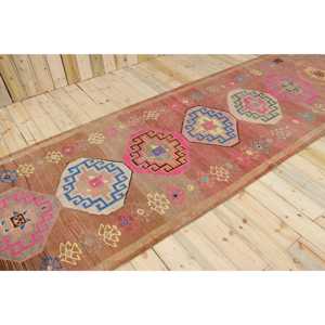 พรมวินเทจ, พรมวิ่งขนาด 4.4x13.1 ฟุต, พรมขนสัตว์ตุรกีขอบสีน้ำตาล - Product Image 1