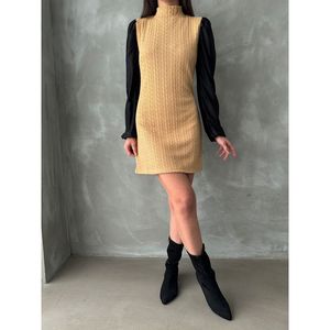 Vestido de cuello alto hasta la rodilla con mangas de cuero para mujer profesional, al por mayor - Product Image 3