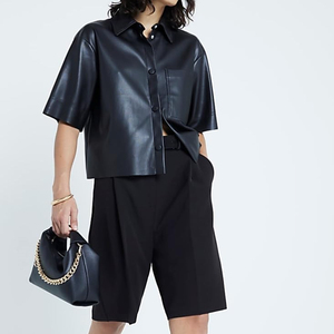 Women Customized Size Custom Turn Down Collar Short Sleeves Leather <b>Shirts</b> <b>Button</b> Down Breathable Anti-Wrinkle Leather <b>Shirts</b> - Product Image 6