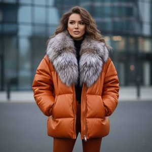 Chaqueta de Invierno Acolchada de Cuero Genuino para Mujer con Cuello de Piel de Zorro y Cremallera Naranja - Product Image 1