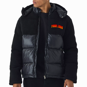 Hot Sale Men's Winter Jacket Coat Custom Logo Black <b>Mixed</b> <b>Fabric</b> Puffer with Hood Sherpa Fleece Quilted Panels Canvas Material - Product Image 1