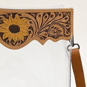 Sac fourre-tout bandoulière bohème en cuir véritable personnalisé, prêt à expédier, avec pompon, motif tournesol, marquage à la main, en cuir de vachette décontracté pour l'automne - Product Image 1