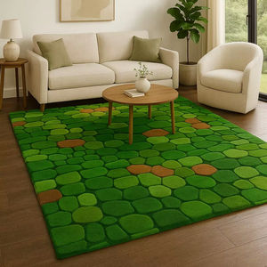 Alfombra moderna hecha a mano de lana verde, suave y con mechones, para dormitorio o habitación infantil. - Product Image 1