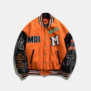 Mangas de cuero genuino de alta calidad Parche bordado de chenilla Naranja Letterman Varsity Chaquetas Hombres - Product Image 1