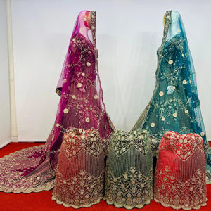 Lehenga de terciopelo real con Top corto, trabajo pesado, rastro largo y piedras Jarkan Trending Mahamantra Bridal Ensemble - Product Image 1