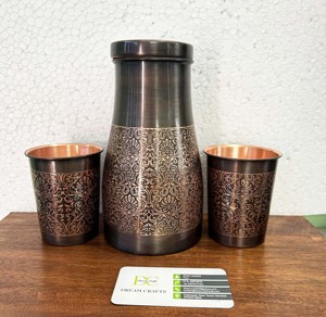 Juego de 3 botellas de agua de cobre Ayurvédico personalizadas, recipientes portátiles de Metal puro, diseño de flores grabadas, artesanías de Metal chapadas - Product Image 2