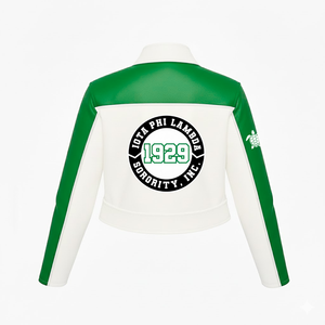Chaqueta de Cuero PU Iota Phi Lambda Lista para Enviar, Chaqueta de Carreras de Alta Calidad, Corte Ajustado y Silueta Recortada - Product Image 4