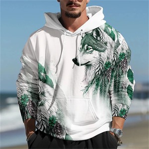 Primavera y otoño nuevos hombres moda 3D Lobo impresión sudaderas con capucha suelta Casual diario calle Vintage pulóveres - Product Image 3