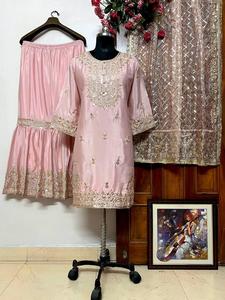 Chinon <b>Silk</b> Sequence Embroidery Work Top With Full Sleeve and Sharara With <b>Organza</b> Sequence Embroidered Lace Work Dupatta - Product Image 2