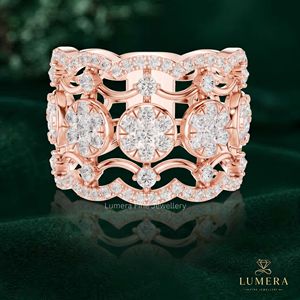 Wave Lattice Diamond Ring Elegant Multi <b>Row</b> Pave Flower Cluster Engagement Band Factory Round Fashion Ring - Product Image 2