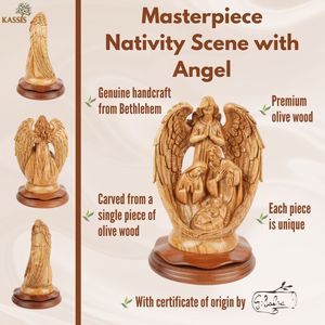 Escena de Natividad Tallada a Mano en Madera de Olivo con Ángel, 30 cm, Decoración Navideña, Escultura Religiosa Hecha a Mano en Belén - Product Image 4