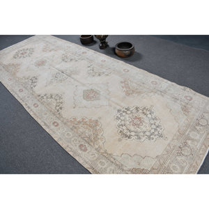 Alfombra turca Rectangular clásica Vintage de 4,6x12,5 pies hecha a mano Beige gris diseño de retazos respetuoso con el medio ambiente - Product Image 4