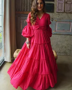 Vestido largo de rayón de verano para mujer con cuello en V, Resort de manga larga de diseñador y ropa para ocasiones especiales Vestido con volantes de diseñador para mujer - Product Image 1