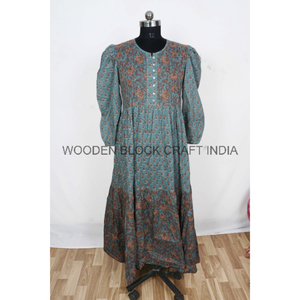 Vintage Sweet Floral Cotton Midi Dress Women Casual Bohemian Style Modern Fit Retro Print <b>Three</b> Quarter Sleeve Natural Night - Product Image 3