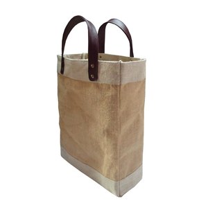 Sac fourre-tout grand marché écologique en jute et coton avec poignée en cuir sac promotionnel d'épicerie réutilisable lavable - Product Image 1
