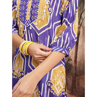 Ensemble Kurta et Palazzo en Crêpe Imprimé Bleu 100% Soie pour Femme, Col Mandarin, Manches Trois-Quarts, Respirant, Idéal Printemps/Été