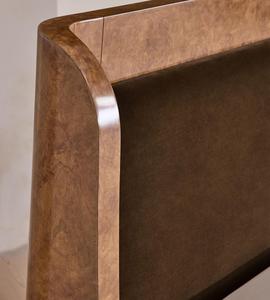Custom Mid‑Century Modern <b>Platform</b> <b>Bed</b> Curved Burl Wood Veneer <b>Frame</b> Velvet Upholstered Headboard Solid Wood <b>Bed</b> For Bedroom - Product Image 5