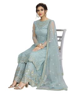 Trendmalls Ensemble de costume Salwar brodé en filet ethnique pour femme Kurta Sharara avec Dupatta pour mariage (G76-SkyBlue) - Product Image 4