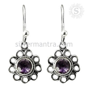 Boucles d'oreilles en forme de fleur en argent sterling 925 avec améthyste violette naturelle, fabricant de bijoux design personnalisé pour femme - Product Image 3