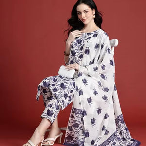 women Floral Printed Pure Cotton <b>Kurta</b> with Trousers & Dupatta <b>indian</b> pakistan salwar kameez suit - Product Image 1