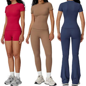 Conjunto de Dos Piezas para Mujer, Estilo Urbano, Color Sólido, Corte Ajustado, Cuello Redondo, Mangas Cortas, Leggings de Punto Elásticos de Cintura Alta - Product Image 1