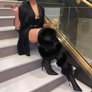 Bottes hautes en fourrure pour l'automne/hiver, à bout pointu, en cuir véritable, doublure thermique en PVC, chaudes, imperméables, en tissu et plastique - Product Image 1