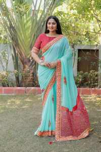 Sari indien prêt-à-porter en géorgette lourde avec bordure à sequins, tenue ethnique pour fêtes et événements, vente en gros - Product Image 4