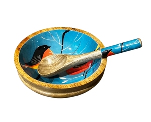 Bol de moineau d'hiver en bois de manguier Bols à salade décoratifs en bois faits à la main avec ustensiles de service Accessoire de salle à manger en bois - Product Image 2