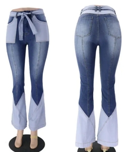 กางเกงยีนส์เอวสูงสำหรับผู้หญิง, กางเกงยีนส์เอวสูงแบบปะต่อทรงบานมีสไตล์สำหรับผู้ชายดีไซน์ไม่ซ้ำใคร - Product Image 1