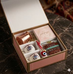 Luxury Turkish Coffee <b>Gift</b> <b>Box</b> Set with Copper Pot, Turkish Coffee Cups, Turkish Coffee, Chocolate & Evil Eye Keychain - Product Image 1