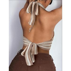 Women's Striped Cross-Front Halter Knit Top-Casual <b>Sweet</b> Print Spring Top - Product Image 3