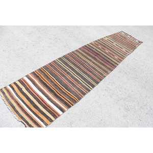 Vintage Kilim Runner Rug 2.3x12.7 ft (71x388 cm), Turkish <b>Brown</b> Persian <b>Wool</b> Rug - Product Image 2