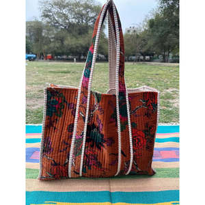 Boho Chic Reversible Quilted Velvet Cotton Women's Tote <b>Bag</b> <b>Large</b> Eco-Friendly Sustainable Grocery Shopping Ochre <b>Beach</b> <b>Bag</b> - Product Image 2