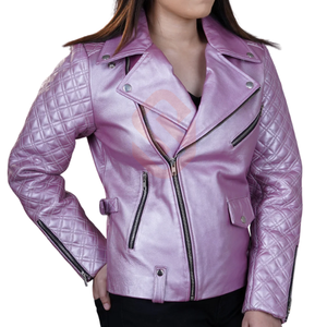 Veste de motard en cuir violet métallisé pour femmes, nouvelle veste de motard en cuir de moto brillante de style matelassé pour Rockstar - Product Image 3