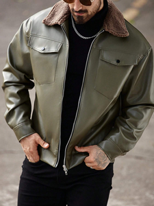 Veste en cuir de vache véritable pour hommes Manteau court coupe ajustée en vert Costume pour hommes à la mode Tissu en toile Motif d'hiver Lettre - Product Image 6